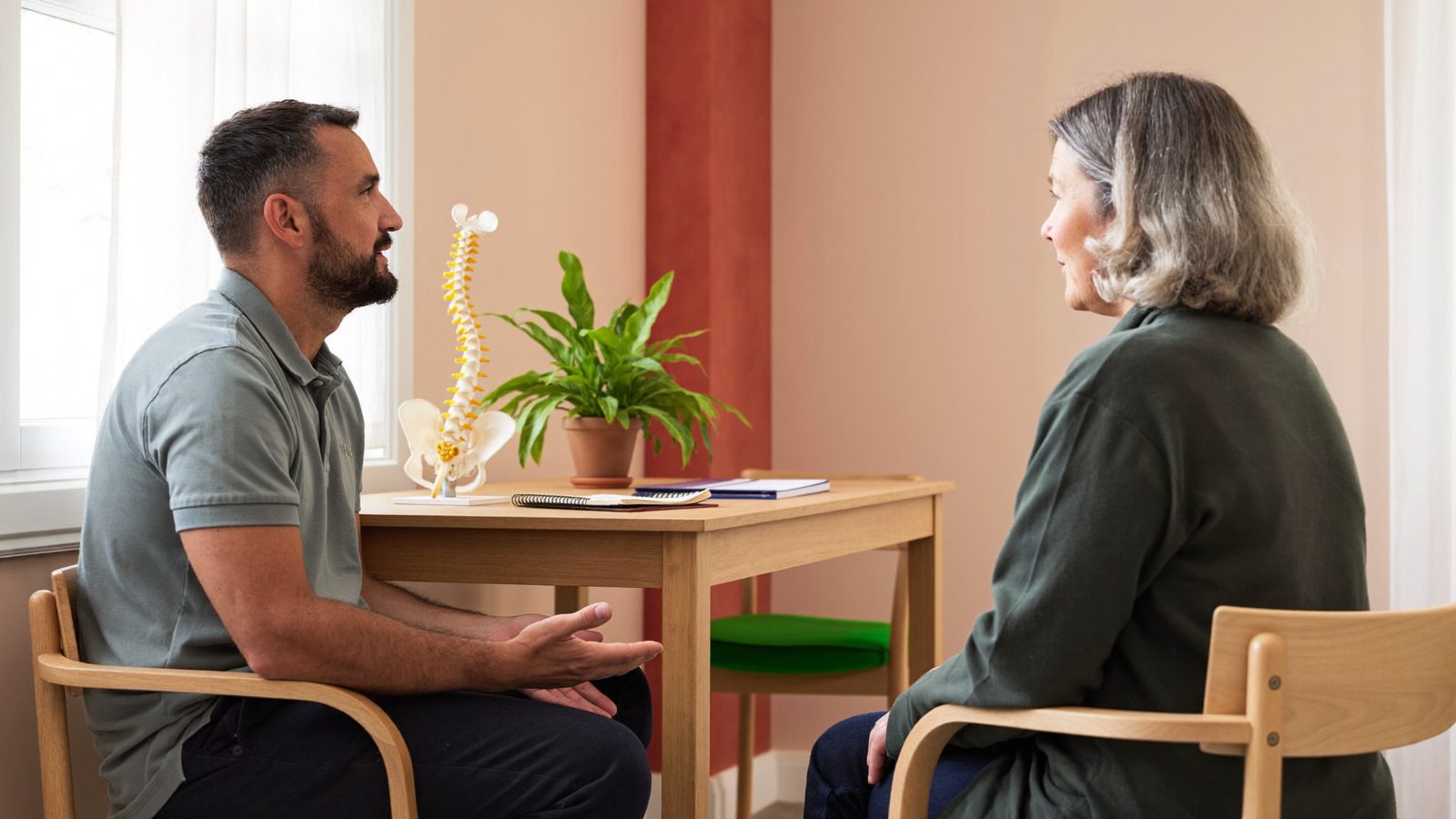 Fisioterapeuta conversando con una paciente sentados frente a frente en una consulta luminosa, con un modelo de columna en la mesa
