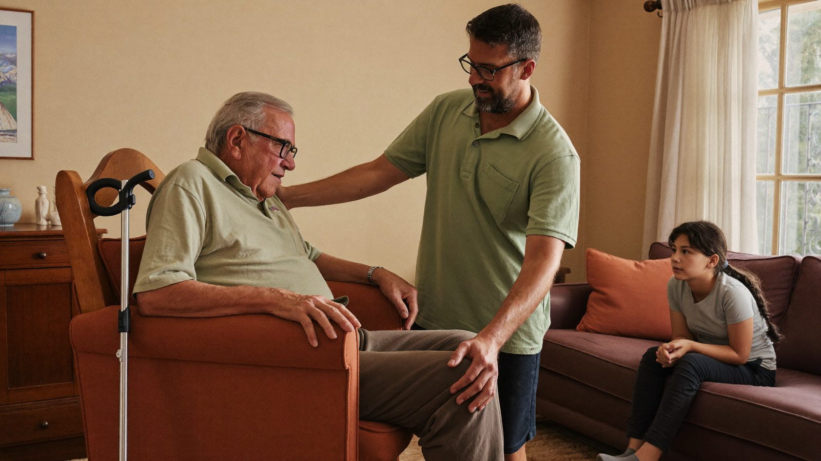 Fisioterapeuta ayudando a un hombre mayor a levantarse de una silla en el salón de su casa mientras su hija observa
