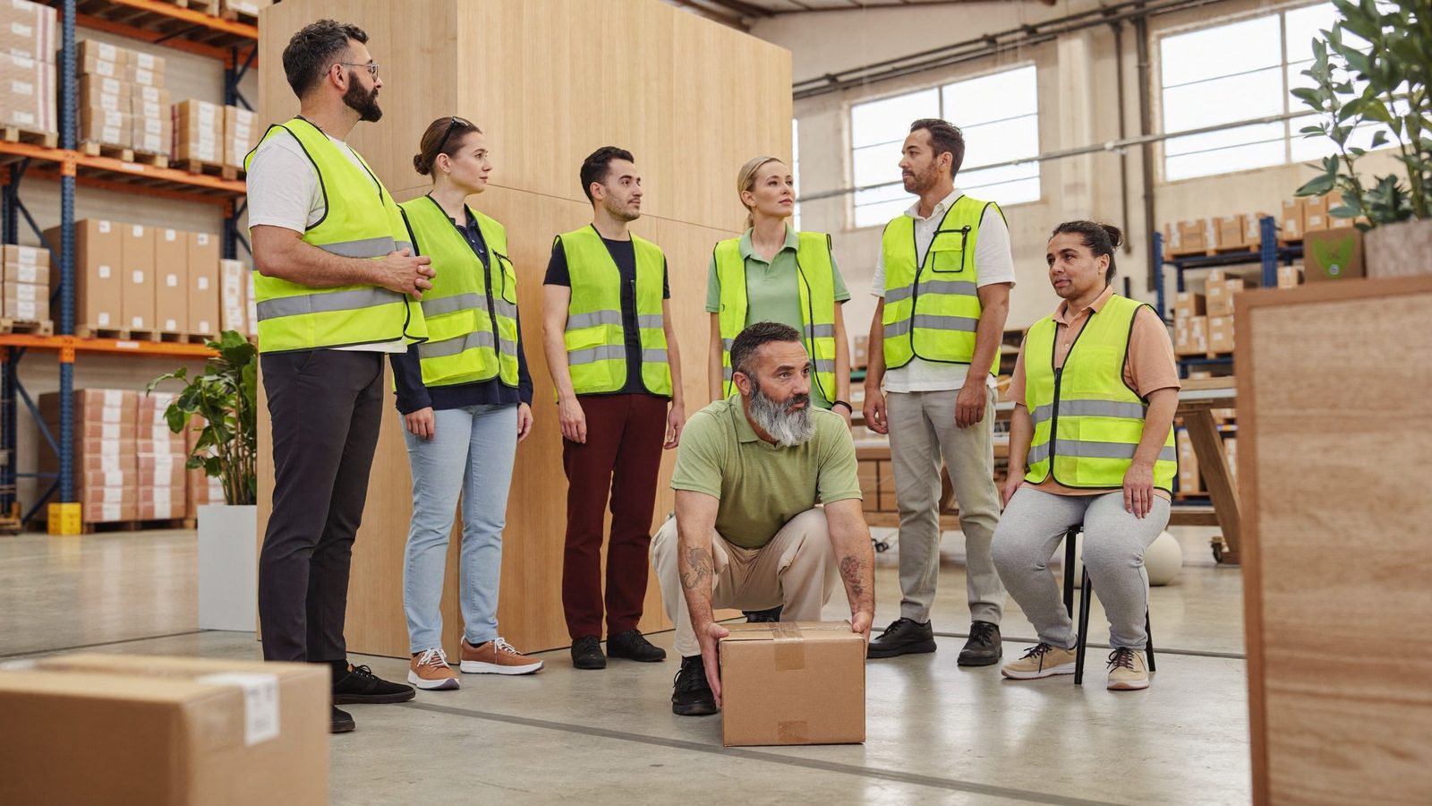 Antonio explica a un grupo de mozos de almacén cómo levantar una caja durante un taller de ergonomía